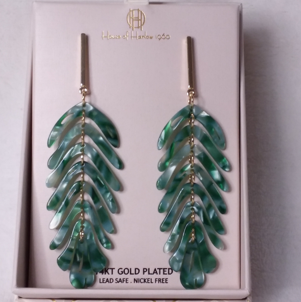 Dangle Pierce Earrings Gold Tone Green Shades House of Harlo 1960
